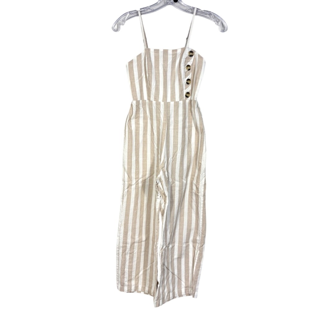 Japna Women Cotton Striped Tan White Romper Buttons Adjustable Strap Wide Leg XS